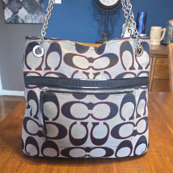 Coach Handbags - Coach Poppy Metallic Signature Slim Tote.